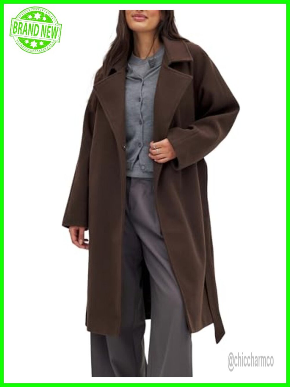 Wool Blend Belted Trench Coat Notch Lapel Knee Length Winter Peacoat